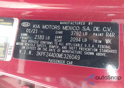 2021 Kia Forte Lxs from USA, damaged, VIN 3KPF24AD0ME326049